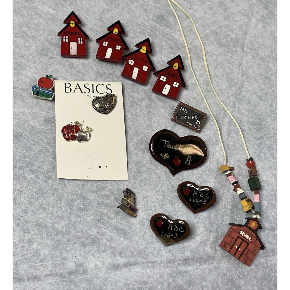 Vintage Wooden School House Teacher Necklace & Brooch Pin Lot Heart‎ Pins